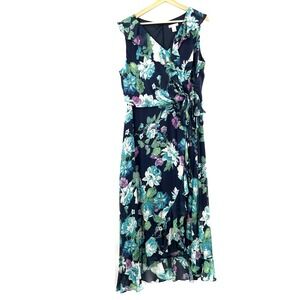 London Times faux wrap floral hi low maxi dress garden party ruffle fairy 14 14W